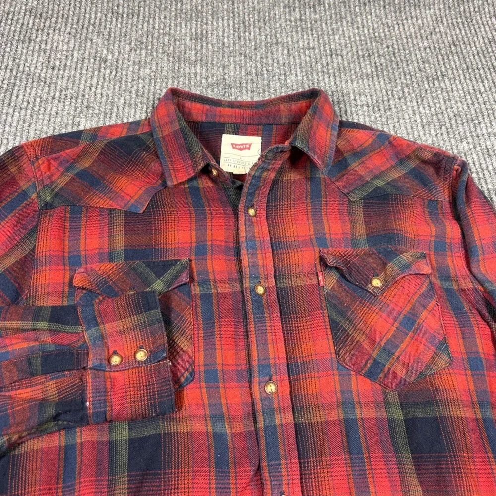 Levis Shirt Mens L Red Plaid Flannel Western Pearl Snap Long Sleeve RN117508